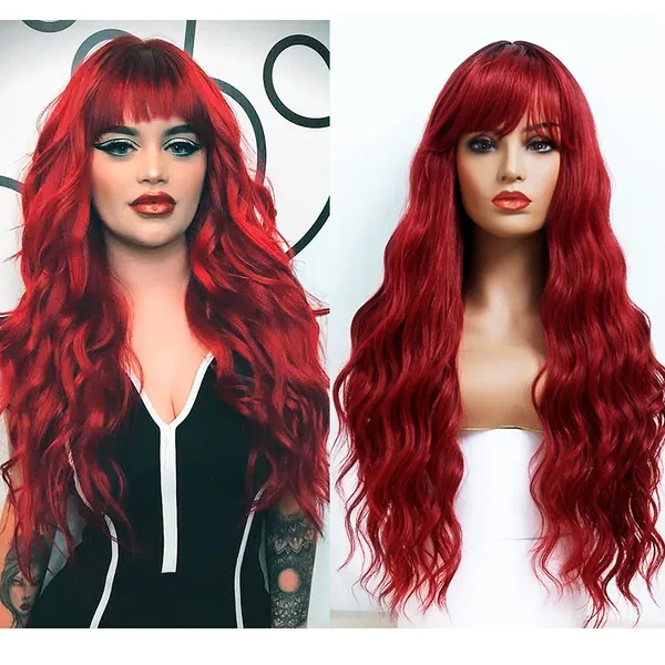 ANDRIA Ombre Red Wigs Natural Wave Wig with Bangs Burgundy Wine Red Wig Dark Roots Red Wig Long Wavy Loose Curly Wig Heat Resistant Synthetic Fiber Red Colorful Wigs Cosplay Party Wigs for Black Women - Red 26“