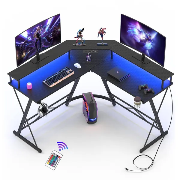 Mr IRONSTONE Gaming Desk with Led Lights and Power Strip L Shaped Desk Corner Computer Desk with Monitor Stand, Carbon Fiber Surface Gaming Table with Desk Accessories Cup Holder Headphone Hook, Black - 