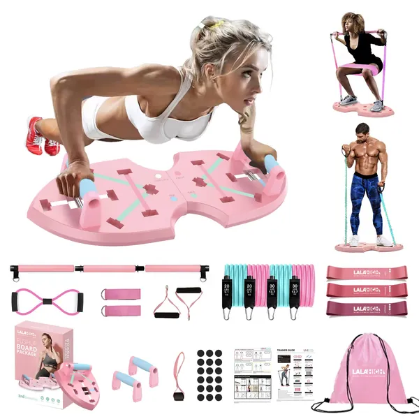 LALAHIGH Push Up Board, Portable Home Workout Equipment for Women & Men, 30 in 1 Home Gym System with Pilates Bar, Resistance Band, Booty Bands, Pushup Stands for Body Shaping - Pink Series - 