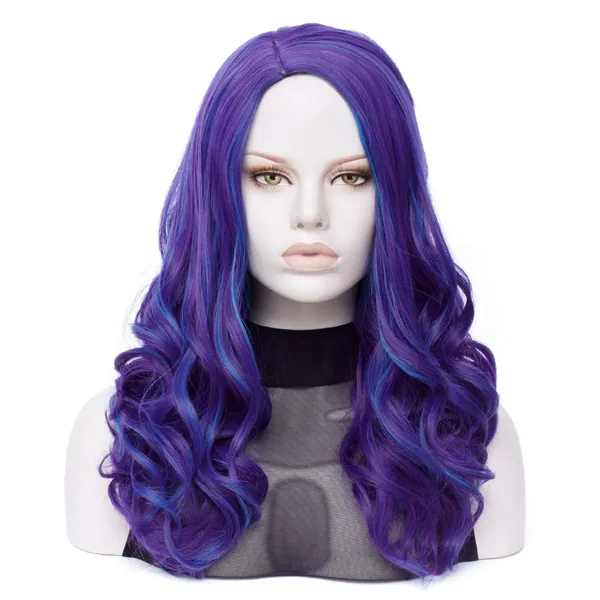 Qaccf Long Loose Curly Wave Purple and Blue Halloween Costume Wig (Adult) - 