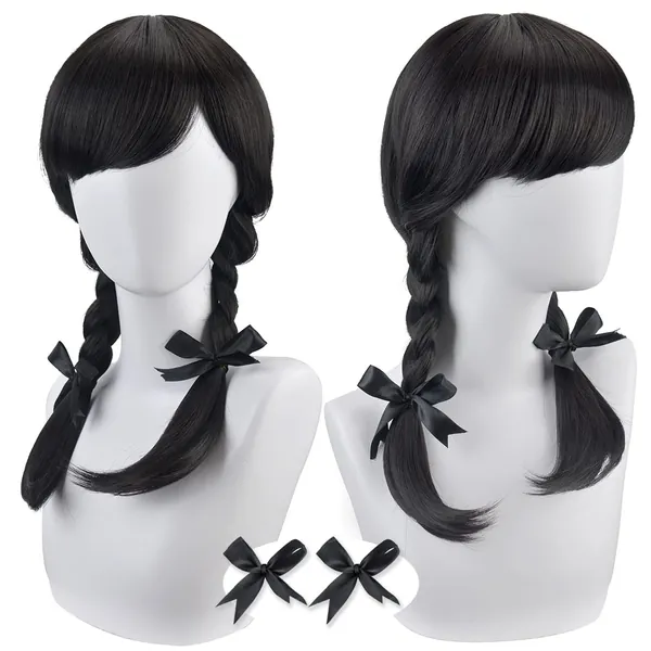 SiYi Halloween Women Costume Wigs for Annabelle,17'' Long Black Braid with Free Style Bangs and Red Bow 4 peice set - Black&Black Bow