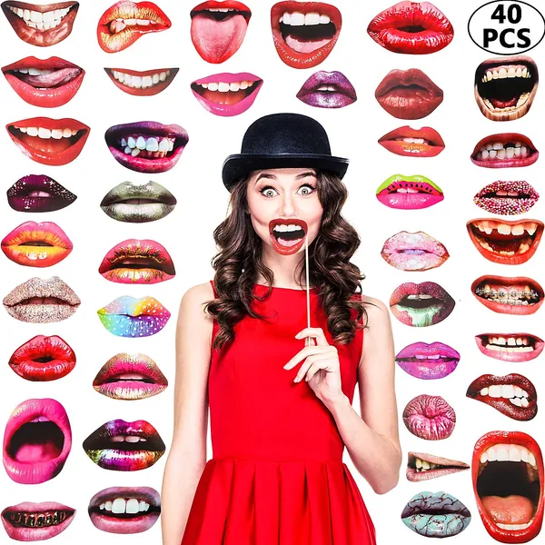 Party Photo Booth Props, Funny Mouth Lips Photo Booth Prop, Funny Mouth DIY Set with Wood Stick Selfie Props Accessories for Birthday/Wedding/Graduation/Halloween Party (Mouth Lip, 40 Pieces) - 