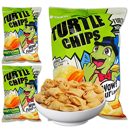 K-Munchies Orion Turtle Chips – Large 3 x 160-gram Sweet Corn Flavor Korean Chips – Big Bag, Party Size Savory, Tasty, Crispy Korean Corn Snacks - Bite-Sized, On-The-Go Korean Corn Snack for Family - Sweet Corn - 5.65 Ounce (Pack of 3)