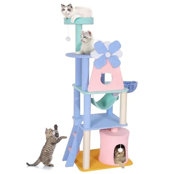 Lucky Monet 65 Inch Cute Cat Tree for Indoor Cats, Windmill Pink Cat Tree for Large Cats, Tall Big Cat Tower Unique Cat Tree House Creative Cat Climbing Frame with Scratching Post Hammock Condo - Style #3 - 65" Windmill Design