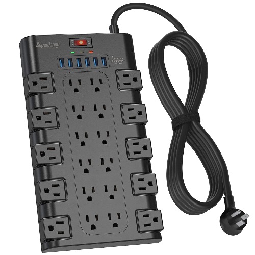 Power Strip Surge Protector, SUPERDANNY 8Ft Long Extension Cord with 6 USB Charging Ports and 22 AC Outlets, 1875W/15A, 2100 Joules, Flat Plug Power Outlet for Home, Office, Dorm, Gaming Room, Black - 8 ft Black