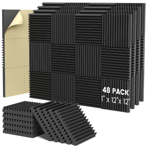 HEMRLY Acoustic Foam Panels,1" X 12" X 12" Self-Adhesive Sound Proof Foam Panels,Acoustic panels absorb noise quickly,High Density Soundproof Wall for Gaming Room Home Studio(48 Pack Black) - 48 Pack 1 Inch Black