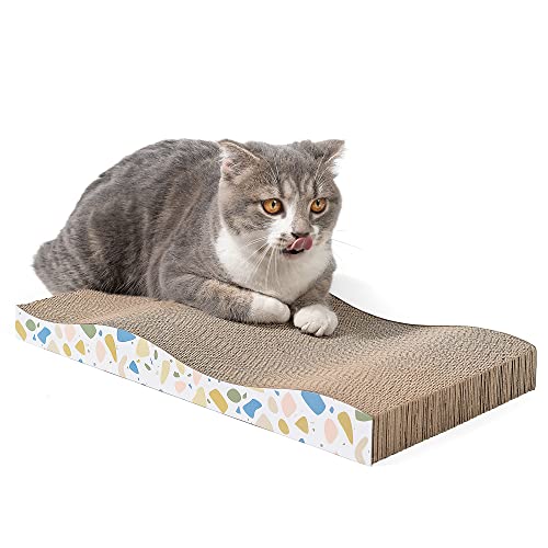 Conlun Cat Scratcher Cat Scratching Pad with Different Scratch Textures Wave Curved/Flat Shape Design Corrugated Cardboard Double-Sided Anti-Slip Durable Cardboard Cat Scratcher - Large-H-Wave