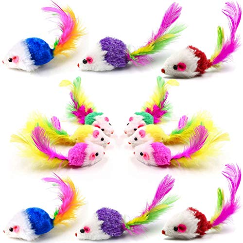 Cat Mice Toys for Indoor Cats 12PCS, 5 Color Variety Mouse Cat Toy Mice Cat Toy Mouse for Cats, Fur Mice Cat Toys Mice Cat Feather Toys with Rattle Sounds, Mixed Pack Cat Mouse Toy for Cats