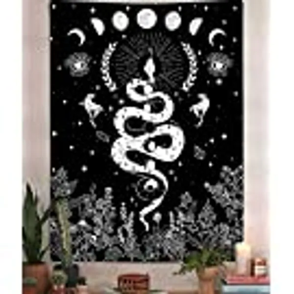 Trippy Witchy Vertical Tapestry, Black and White Floral Moon Snake Tarot Tapestry Wall Hanging for Bedroom, Dark Aesthetic Nature Flower Small Tapestries Poster Blanket College Dorm Decor (40X60)