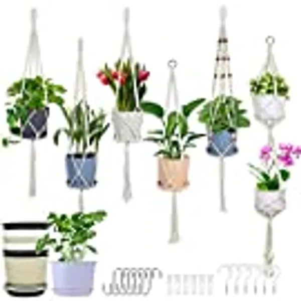 Macrame Plant Hangers Indoor -6 Pack Macrame Hanging Planters Handmade Macromay Plant Hangers with Flower pots, Trays and Hooks for Indoor Plants Hanger,Hanging Planter Holder for Boho & Home Decor