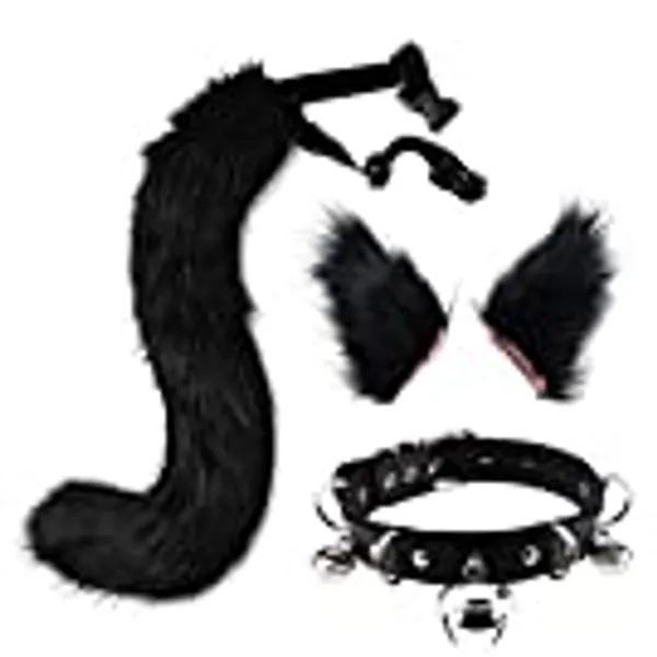 Cat Ears and Tail Set Adult Wolf Fox Ears Tail Kit Faux Fur Tail for Kids Neck Choker Halloween Party