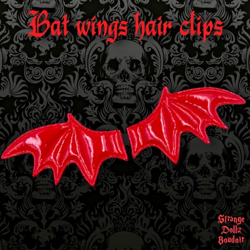 Red bat wings hair clips, Gothic, Halloween, Strange Dollz Boudoir