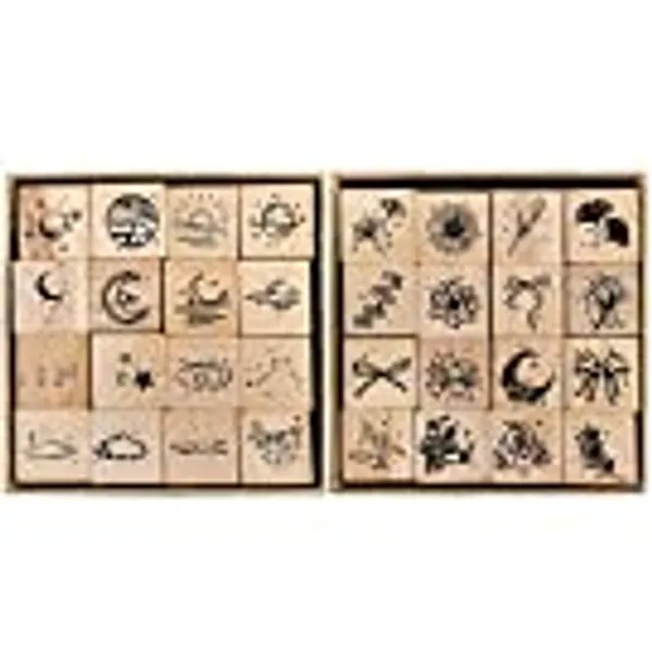 Hacaroa 32 Pieces Wooden Rubber Stamp Set, Moon Star Botanical Decorative Wood Stamps for Journal, Diary, Scrapbook, Planner, Letter, DIY Craft, Card Making