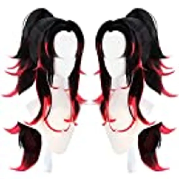 ANOGOL Hair Cap+Black Wigs With Red Hightlight with Ponytail Wig For Anime Cosplay, Synthetic Multi-Color with Pigtail Wigs For Halloween Costume Cosplay Wig, Long Wavy cosplay Wig costume For Halloween Party