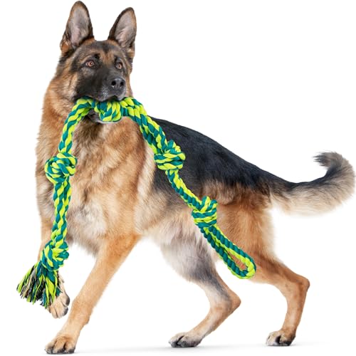SHARLOVY Dog Toys for Large Dogs and Aggressive Chewers, Extra Large Durable Dog Toy,5-Knot Rope Tug,Heavy Duty Chew Sturdy Cotton Knot Rope Toy for Large Breed Dogs,Indestructible Rope - For Large Dogs - 1 Pack