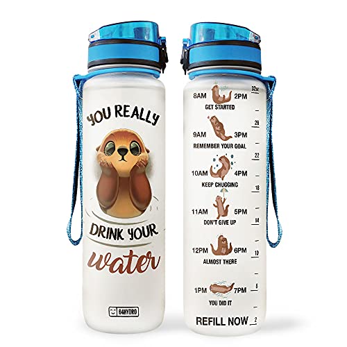 64HYDRO 32oz 1Liter Motivational Water Bottle with Time Marker, Otter Advice, You Really Drink Your Water, Otter Lovers - HTQ1708030 - HTQ1708030