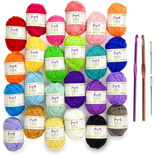24 Acrylic Yarn Skeins | 525 Yards of Craft Yarn for Knitting and Crochet | Includes 2 Hooks, 2 Weaving Needles,7 E-Books as Crochet Accessories | Perfect Crochet kit for Beginners by Mira Handcrafts - 