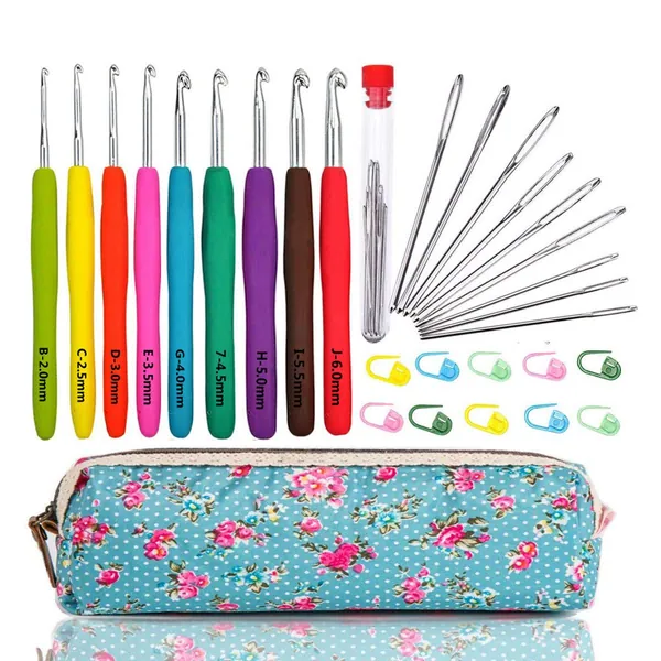 WooCrafts Large-Eye Blunt Needles Yarn Knitting Plus Crochet Hooks Set with Case,Ergonomic Handle Crochet Hooks Needles for Arthritic Hands.Best Gift! - 9 Sizes Set