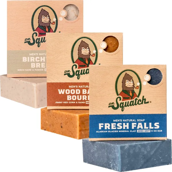 Dr. Squatch All Natural Bar Soap for Men, 3 Bar Variety Pack, Wood Barrel Bourbon, Fresh Falls, Birchwood Breeze - Natural Men's Bar Soap - Wood Barrel Bourbon/Fresh Falls/Birchwood Breeze