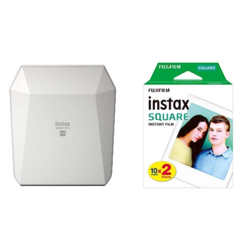 Fujifilm Instax Share Sp-3 Stampante Portatile per Foto, Bianco+ Fujifilm Instax Square Film Pellicola Istantanea, Formato Quadrato, 62x62 mm, Confezione da 20 Foto, Bordo Bianco