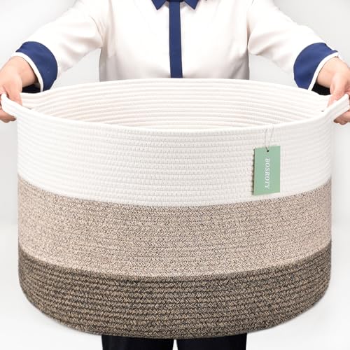 BOSROTY Extra Large Blanket Basket 87L, Laundry Basket, Laundry Hamper, XXXL Storage Basket, Woven Basket, Toy Basket, Clothes Baskets, Rope Basket, 22”x 14”, White & Gradient Brown - White & Gradient Brown - 87L (22"x14")