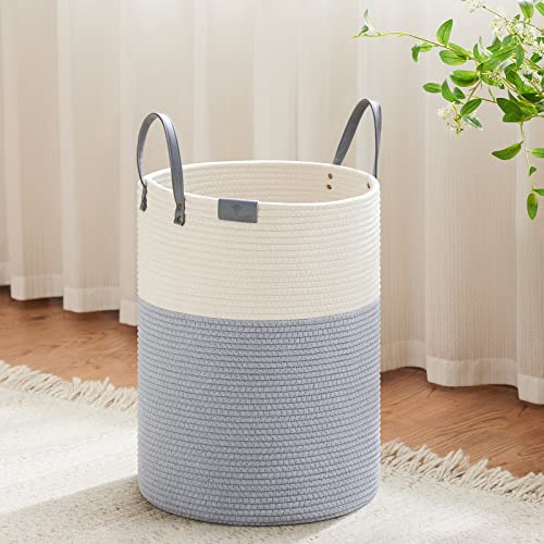 VIPOSCO Small Laundry Basket, Slim Baby Hamper with Leather Handle, Cute Woven Rope Storage Basket for Blanket, Kids Toy, Clothes In Living Room, Bathroom, Bedroom, Nursery Room - 30L Grey & White - 30L - Grey