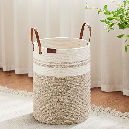 VIPOSCO Small Laundry Basket, Slim Baby Hamper with Leather Handle, Cute Woven Rope Storage Basket for Blanket, Kids Toy, Clothes In Living Room, Bathroom, Bedroom, Nursery Room - 30L Brown & White - 30L - Brown & White