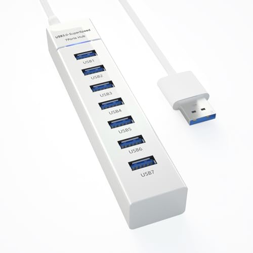 ONFINIO USB Hub 3.0 7 Port, USB Data Hub Splitter, 5Gbps High Speed USB Port Expander for MacBook, Mac Pro, Mac Mini, iMac, Surface Pro, XPS, PC-White - 7 PORT White