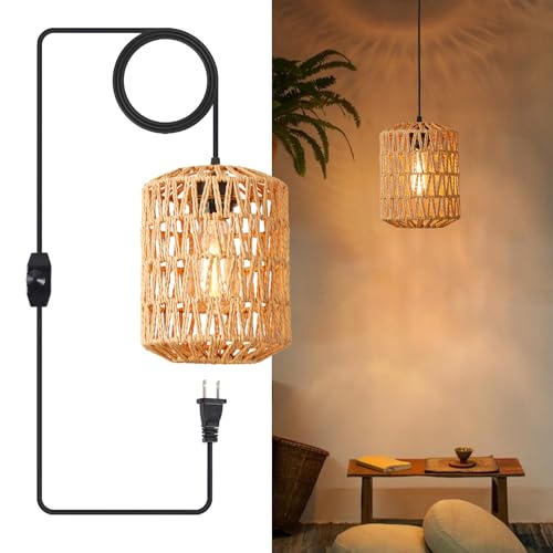 YXTH Plug in Pendant Light, Rattan Hanging Lights with Plug in Cord 15ft Dimmable Cord, Hand Woven Wicker Lampshade Hanging Lamp, Boho Plug in Hanging Ceiling Light Fixture for Farmhouse Bedroom - Brown