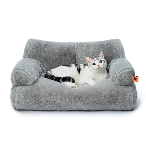 MEWOOFUN Cat Couch Bed for Indoor Cats, Washable Small Dog Beds for Medium Small Dogs & Cats up to 25 lbs, Fluffy Pet Beds with Non-Slip Bottom, 26×19×13 Inch (Grey) - Grey