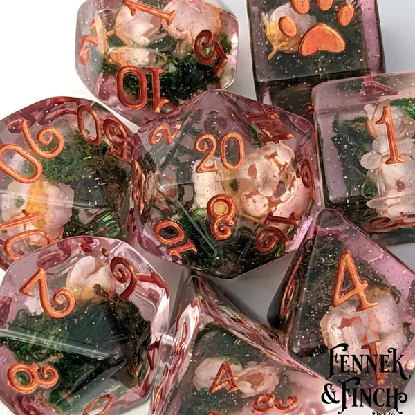 Pink Flowers and Moss DnD Dice Set