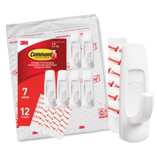 Command Large Utility Hooks, Damage Free Hanging Wall Hooks with Adhesive Strips, No Tools Wall Hooks for Hanging Christmas Decorations, 7 White Hooks and 12 Command Strips - Large 7 Hooks
