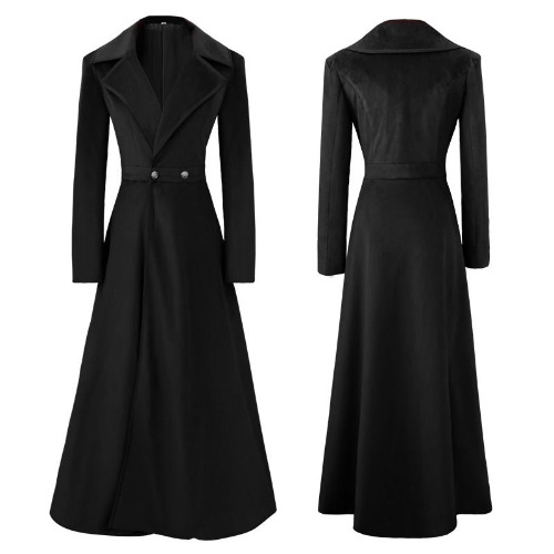 Vintage Medieval Long Trench Coat Halloween Costume - Black / XL (Bust 109 cm)