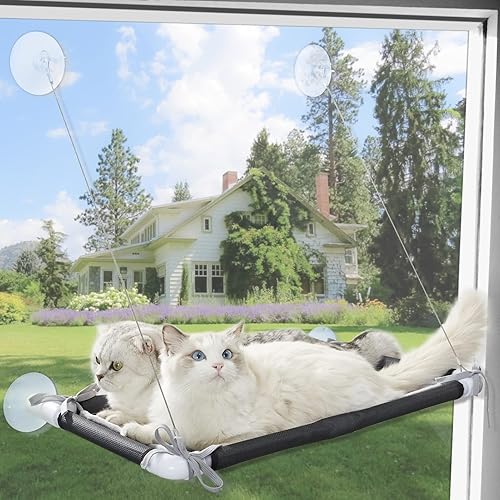 Pupagree Water Proof Cat Window Hammock with Removable Warm Flannel Mat, Cat Window Perch, Heavy Duty Cat Hammock for Window, Space Saving Cat Perch for Large Indoor Cats in Black - Black