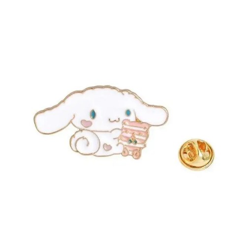 Exquisite White Cinnamoroll Puppy Enamel Pin with Pink Cake Design