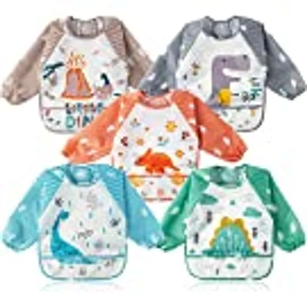 2ooya 5PCS Long Sleeved Baby Bibs Dinosaur Pattern Feeding Bibs Infant Toddler Bids Waterproof Long Sleeved Bibs with Pockets Cloth Stain & Odor Resistant Toddler Bibs for Babies Toddlers, 9-48Months