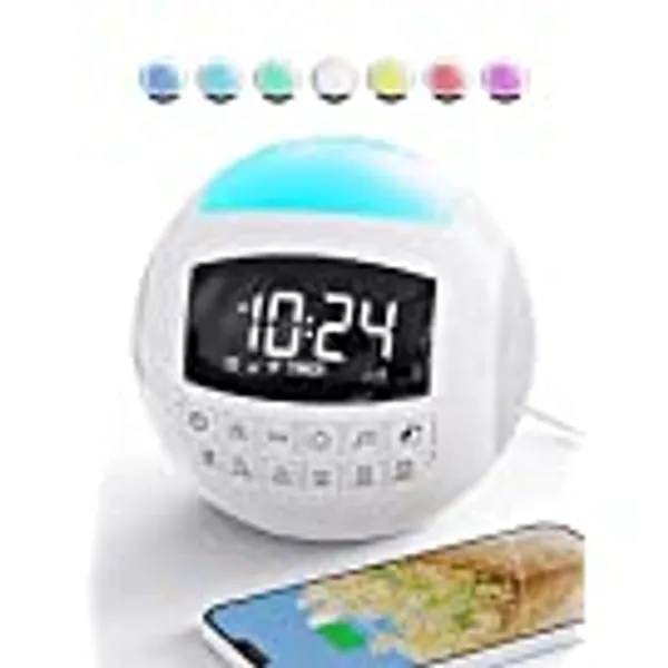 42 Sound White Noise Machine for Baby Adults Kids Sleeping, 7 Colors Night Light, Nature/Fan/Lullaby Sounds Therapy, 6 Timer & Adjustable Volume, 2 USB Ports, Dual Alarm Clocks for Bedroom Office
