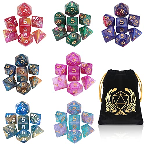 Coyeekn DND Dice Set, 7 x 7 Sets (49 Pieces) Glitter Polyhedral Dice for Dungeons & Dragons RPG MTG DND Tabletop Game with 1 Pouch - 7set-1