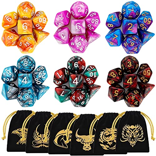 QMay DND Dice Set with 6 Pattern Dice Bag, 42 Pieces, 6 Sets Double - Colors Polyhedron Great for Dungeons and Dragons RPG MTG Table Games - 6 sets-42pcs