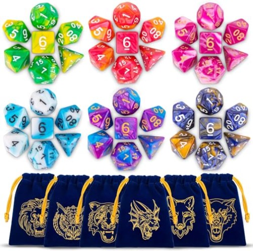 DND Dice Set - QMay 42pcs Polyhedral Dice, 6 Complete Double-Colors D&D Dice Sets with 6 Blue Drawstring Bags for Dungeons and Dragons RPG MTG Table Games - 6 sets-42pcs(blue bag)