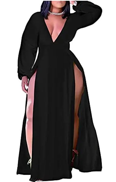 Ekaliy Women's Plus Size Sleeveless Deep V Neck Front Split Long Maxi Wrap Dress - X-Large - 2#black
