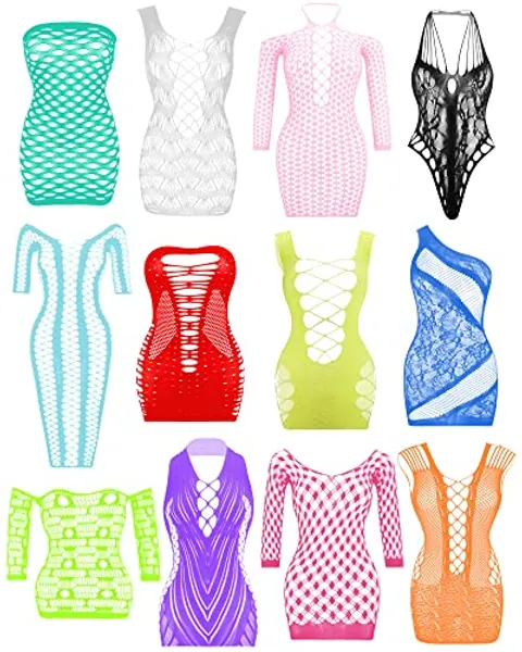 JDiction Women’s Lingerie BabyDoll Fishnet Bodysuit Sexy Nightwear(12 Pack) - 12 Pcs: Bright