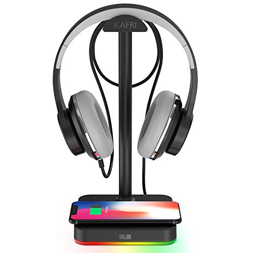 KAFRI RGB Headphone Stand with Wireless Charger Desk Gaming Headset Holder Hanger Rack with 10W/7.5W Fast Charge QI Wireless Charging Pad - Suitable for Gamer Desktop Table Game Earphone Accessories - 1.Black