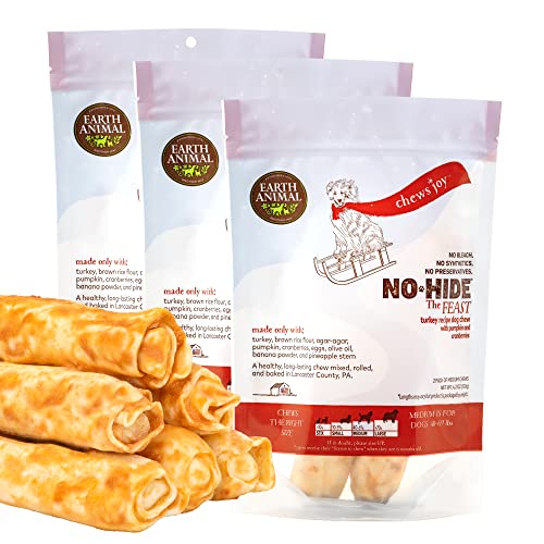 EARTH ANIMAL No Hide Medium Turkey Flavored Natural Rawhide Free Dog Chews Long Lasting Dog Chew Sticks | Dog Treats for Large Dogs | Great Dog Chews for Aggressive Chewers (3 Pack) - Feast - 2 Count (Pack of 3)