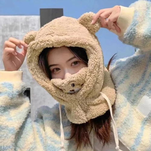 Winter Cartoon Hat with Attached Scarf - Beige