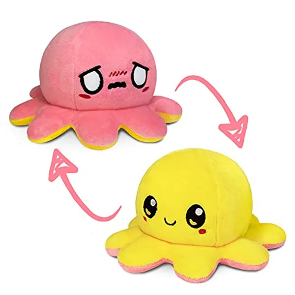 TeeTurtle | The Moody Reversible Octopus Plushie | Patented Design | Sensory Fidget Toy for Stress Relief | Yellow + Pink | Happy + Worried | Show Your Mood Without Saying a Word!
