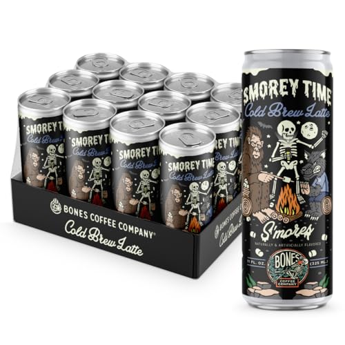 Bones Coffee Company S'morey Time Flavored Cold Brew Coffee S'mores & Graham Crackers Flavor, 1 Fl Oz Cold Brew Latte, Canned Coffee Drinks, Coffee On-the-Go (12 Pack) - Cold Brew Latte S'mores - 11 Fl Oz (Pack of 12)