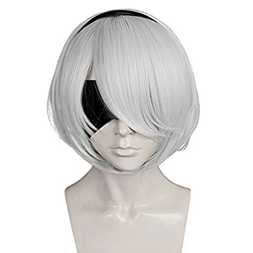 Anogol Hair Cap+Bob Cosplay Wig Grey Short Straight Synthetic Hair Costume Fancy Dress Halleween Wigs - Grey