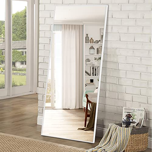 NeuType 59" X 20" Full Length Mirror Aluminum Alloy Thin Frame Floor Mirror Wall Mirror Dressing Mirror Hanging or Leaning Against Wall, Bedroom Mirror Full Body Mirror White with Stand