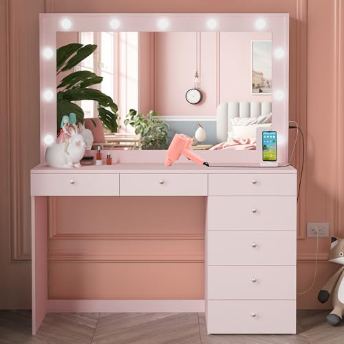 Boahaus Isolde Pink Makeup Vanity Desk with Lights, 7 Drawers, USB and Power Outlet, Large Top, Vanity Mirror with Lights, One Drawer with Jewelry Organizer, Crystal Knobs - Pink - Crystal Knobs